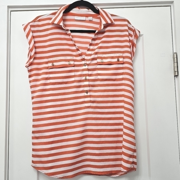New York & Company Orange Coral White Striped Short Cap Sleeve V Neck Blouse - Picture 1 of 9